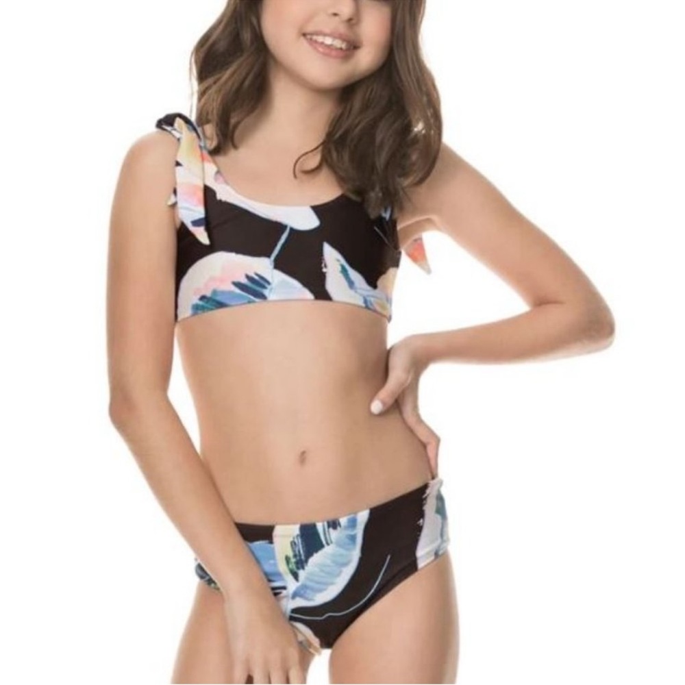 Kids Reversible Swimwear Set - Black with Multicolor Floral Design.